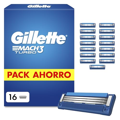 Gillette Mach3 Turbo Recambios de Cuchillas de Afeitar paraHombre, 3 Cuchillas, 16 Recambios de Cuchillas