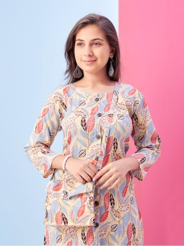 Image of Aarika Girls Casual Wear Beige Colour Leaf Print Polyester Co-ord Set