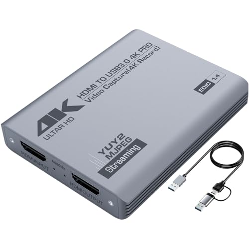 4K HDMI Video Capture Card with Loop-Out, USB 3.0, 1080P 60FPS/2K 30FPS, Audio & Video Streaming Capture Device for PS5, Switch, Camera, PC, Compatible with OBS