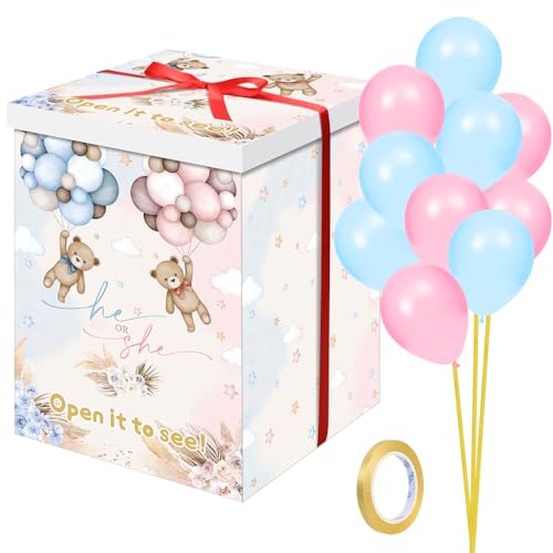 Hungdao Gender Reveal Balloon Box with Ribbon and 10 Pink and Blue Balloons Gender Reveal Games He or She Open to See for Party Decoration 12x12x16(Boho Bear)