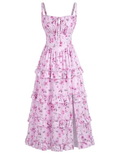 Women's Floral Corset Dress 2026 Summer Spring Wedding Guest Dresses Flowy Sundress with Pockets Misty Pink Floral L