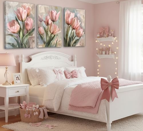 Image of 3 Pcs Vintage Pink Tulips Flowers Canvas Wall Art Retro Spring Pink and Green Floral Botanical Paintings Pictures Wall Decor Poster Print Artwork for Living Room Bedroom Home Decoration