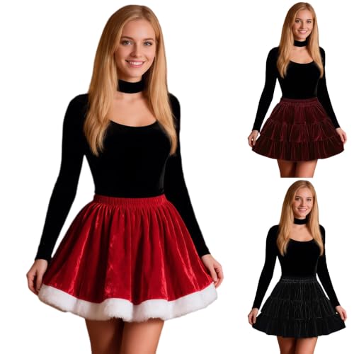 Womens Christmas Velvet Mini Skirt Retro Elastic Waist Pleated Xmas Skirt - image 1