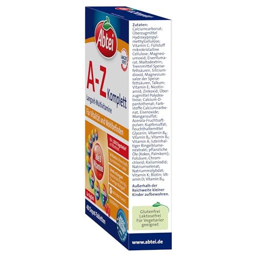 Abtei A-Z Komplett Langzeit-Multivitamine - mit natürlichem Vitamin C - Nahrungsergänzungsmittel für Vitalität und Wohlbefinden - laborgeprüft, hochdosiert und vegetarisch - 1 x 40 Tabletten