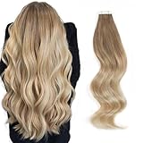 ABH AMAZINGBEAUTY HAIR Extensions Tape In Echthaar Balayage Tape in Haarverlängerungen Aschbraun Übergehend in Schmutzigblond mit Platinblonden Extensions Tape Highlight B8-18/60 55 cm 20 Stück