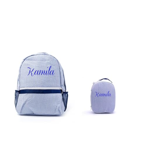 Mochilas personalizadas para bebés | Mochilas con monograma para niños pequeños | Mochila Seersucker | Bolsa de libros preescolares, Azul Sea, backpack