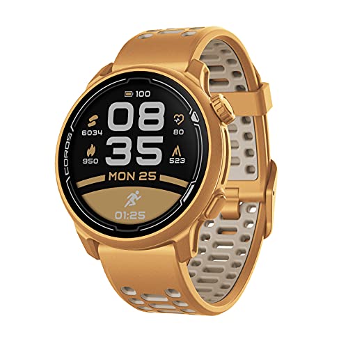 Coros PACE 2 Premium GPS Sport Watch with Nylon or Silicone Band, Heart Rate Monitor, 30h Full GPS Battery, Barometer, ANT+ & BLE Connections, Strava, Stryd & TrainingPeaks (Gold - Silicone Strap)