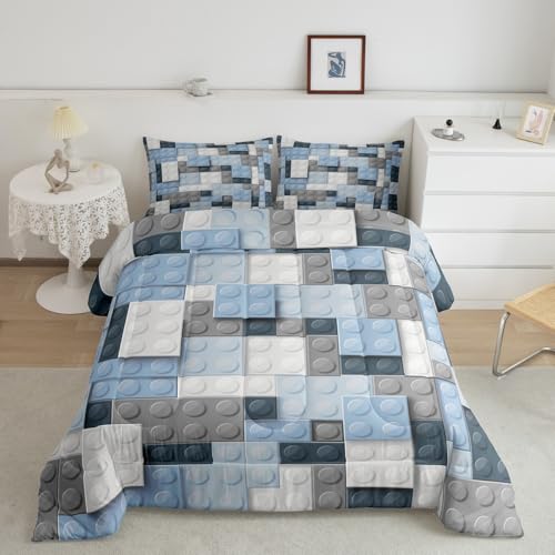 Erosebridal Construction Bed In A Bag Queen Comforter Set 7 Piece,3D Building Blocks Bedding Sets,Colorful Sheet Set With Comforter Kids Boys Bricks Rainbow Gradient Room Decor For Teen Girls,Blue Grey White thumb #3