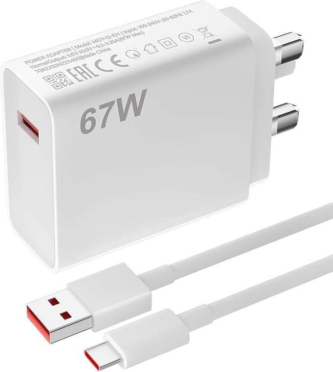 67W USB Plug Turbo Charger for Xiao-mi, USB Fast Charger Plug with USB C Turbo Charging Cable 1M, Plug Charger UK Power Adapter for Redmi Note 13/12/11/10 Pro/Mi 13T/12X/11T/Pad 6/POCO X6/X5