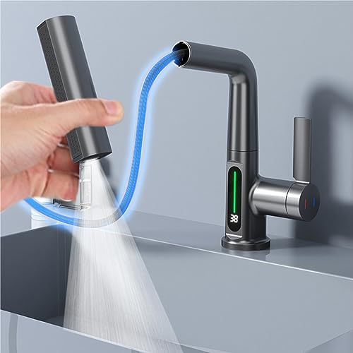 Torneira de exibição digital de elevação de puxar, torneira de cozinha 3 em 1 360° com rotação de ca