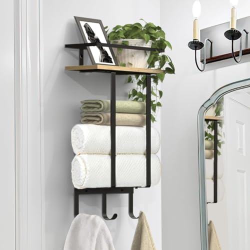Luxspire Towel Rack Wall Mounted, Bathroom Towel Storage with Wooden Floating Shelf & 3 Hooks, Wall Mounted Towel Holder, Black + Wood