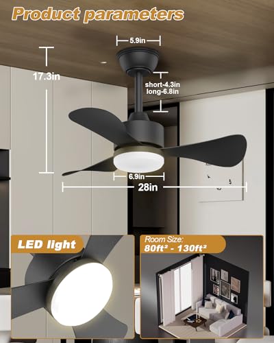 Image of Airwit 71 cm Ceiling Fan with Lighting and Remote Control, Diameter 71 cm, Quiet Ceiling Fan with Light, Small Lamp with Fan for Bedroom, Living Room, Children's Room, Reversible DC Motor
