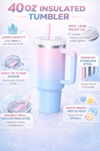 Image of Zephorus Personalized Stainless Steel Tumbler with Handle, 1200ml Capacity, Black Insulated Travel Mug with Straw, Custom Name Design (Candy)