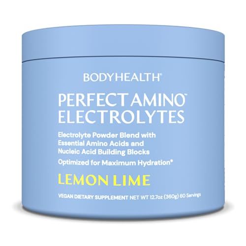 BodyHealth PerfectAmino Electrolyte Powder No Sugar, Hydration Fasting Keto Zero Sugar Electrolytes Drink Mix with Trace Minerals - Lemon Lime - 60 Servings