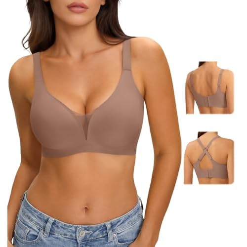 LUCKMEEY 2026 Jelly Supportive Bras for Women No Underwire, Sexy Deep V Push Up Bralette, Wireless Seamless Bra (U/Cross) Coffee Medium