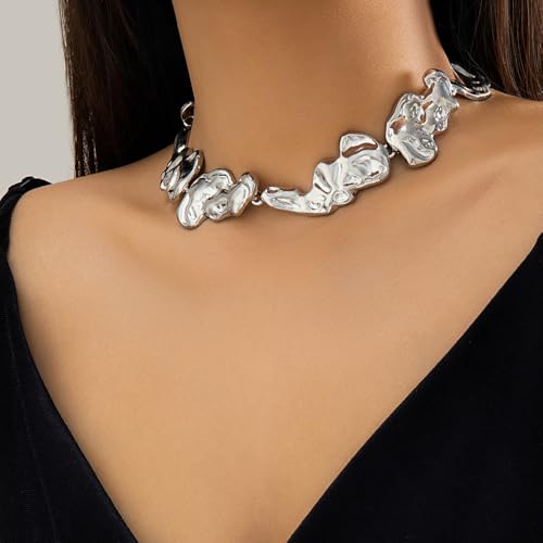 Chunky Gold Statement Choker Necklace for Women Irregular Pleated Lava Necklace Minimalistic Melting Liquid Necklace Trendy Birthday Jewelry Presents2
