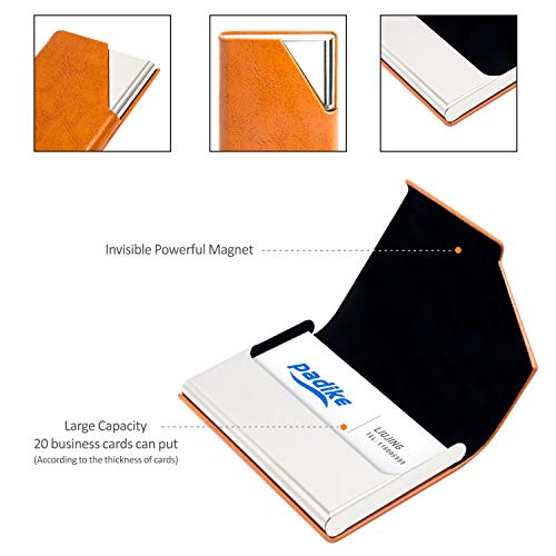 Image of Padike Business Card Holder, Upgraded Leather Business Card Case Pocket Card Holders for Men or Women, Metal Slim Name Card Holder RFID Blocking Business Card Carrier with Magnetic Closure(Z-Orange)