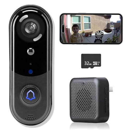 eudic Doorbell Camera Wireless, Video Doorbell with 32GB SD Card/Cloud Storage,Night Vision, 2-Way Audio, PIR Motion Detection, 2.4Ghz WiFi,Alert (J1-1080P)