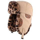 Nanmuir Fashion Trend Winter Trapper Hat, Army Green with Leopard Print Fur Trim, Thickened Lei Feng Style, Unisex Cold (US, Alpha, One Size, Beige)