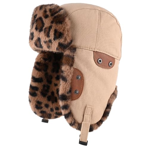 Nanmuir Fashion Trend Winter Trapper Hat, Army Green with Leopard Print Fur Trim, Thickened Lei Feng Style, Unisex Cold (US, Alpha, One Size, Beige)