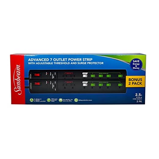 Bonus 2 Pack Sunbeam 7 Outlet 15A Wall Mount Power Strip with Adjustable Threshold, Surge Protector