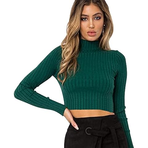 WQEPYY Ladies Polo Roll Neck Long Sleeve Womens Ladies Long Sleeve Neck Knitted Crop Jumper Women's Mock Turtle Neck Lightweight Jumpers Soft Ribbed Sweater Knitted Long Sleeve Top (Green M) Cover