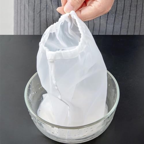 DEANKEJI Weiß Presssack für Obstpresse 10 Stück Nylon Filtersack, mit Kordelzug, Nussmilchbeutel Waschbar, für Filtern von Sojamilch, Milch, Saft, Gemüse
