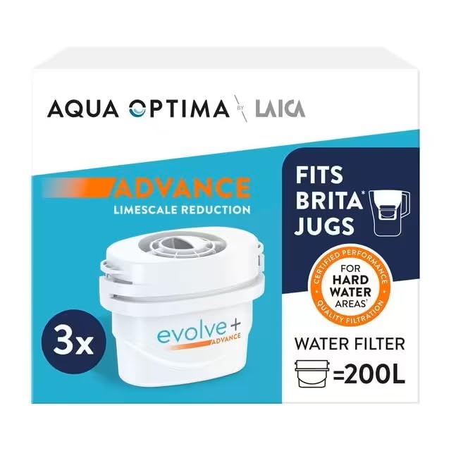 Aqua Optima Evolve+ Hard Water Limescale Filter Cartridges 3 Pack - Fits Brita Jugs & Alternative for Maxtra Filters* - Reduces Limescale, Chlorine & Other Impurities - by LAICA (Packaging May Vary)