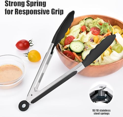 Image of Premium Steel and Siliconel Heat Resistant Kitchen Tongs for Cooking | Non Scratch Silicone Tip for Pans,Air Fryer,Barbeque, Serving | 10 inch - 230C Heat-Resistant (Black) (Pack of 01)