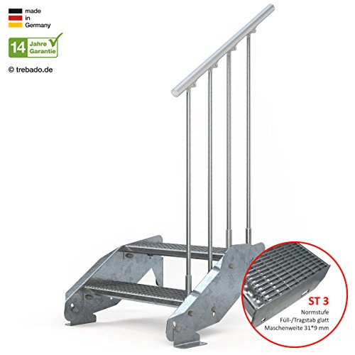 Preisvergleich Produktbild Außentreppe 2 Stufen 70 cm Laufbreite einseitiges Geländer rechts - Anstellhöhe variabel von 29 cm bis 44 cm - Gitterroststufe ST3 - feuerverzinkte Stahltreppe mit 700 mm Stufenlänge als montagefertiger Bausatz