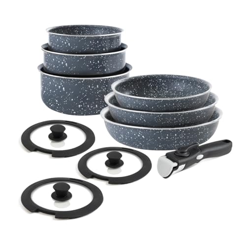 QDESIGN - Batería de cocina (10 unidades, cacerolas+sartenes+tapas+mango extraíble | Aluminio antiadherente sin PFOA, todos los fuegos, incluida la inducción, apto para lavavajillas y nevera, color