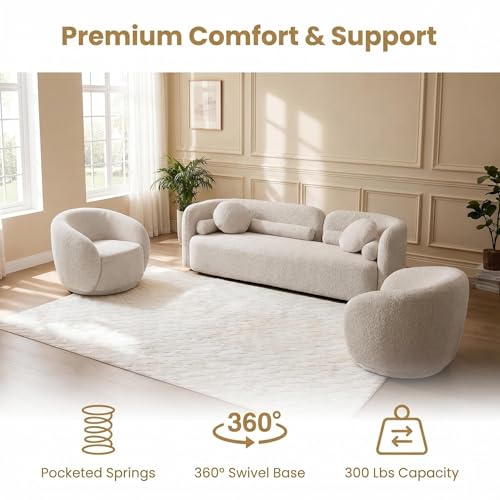 Image of Curved Sofa Set for Living Room, 3-Seater Upholstered Boucle Fabric Modern Sofa Set of 3 Piece Couch Set Minimalist Sofa with Swivel Accent Chairs Modern Sofa Set Home Bedroom Office (Beige)