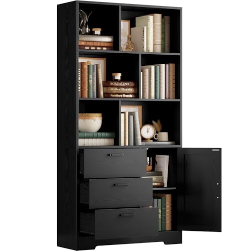 IRONCK Bookshelf 70.9 Inch Tall Bookcase Black Book Shelf with Doors and 3 Drawers 3-Tier Bookshelves with 6 Open Cubes for Home Office Living Room Study