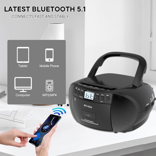 Boombox portatile Bluetooth con lettore CD, cassette, radio AM/FM, telecomando, batteria o alimentazione CA per intrattenimento musicale domestico e all'aperto