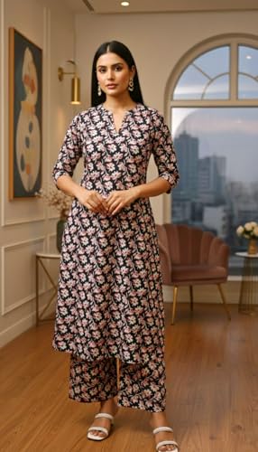 Image of Women's Cotton A-Line Kurta Palazzo Set | Printed Ethnic Co-Ord Set for Office Wear & Festive Look | Comfortable Breathable Fabric Kurti Pant Set for Women