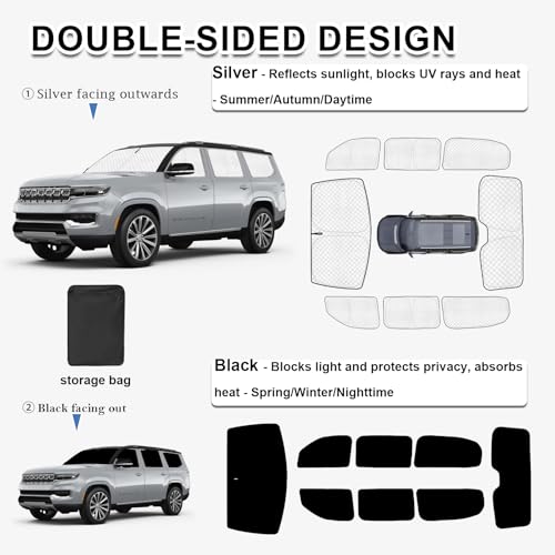 Image of KMF 8pcs Thicken Sun Shades for Jeep Grand Wagoneer 2022-2026 Accessories,Full Car Window Covers for Windshield Side Rear, UV Block and Blackout Protect Privacy for Camping Outdoor