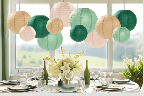 Image of Sage Green Paper Lanterns Decorative 12pcs Party Hanging Decorations for Rustic Party Bridal Shower Wedding Baby Shower Graduation Anniversary Neutral Room Decor