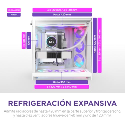 Miniatura 4 de NZXT H9 Flow RGB+ (2025) – Caja de PC ATX de Torre Media de Gran Flujo de Aire de Doble Cámara – Incluye 7 Ventiladores RGB (6 x 140mm, 1 x 120mm) y concentrador de Control – Blanco