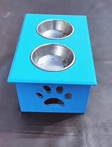 Wooden Large Dog Food Dinner pet Stand Cat Feeder Stand with 2 Stainless Steel Small Bowls & MDF Stand Made by Handmade (600 ml, Color - Blue)