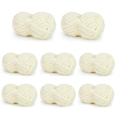 Chunky Yarn for Hand Knitting, Chunky Chenille Blanket Yarn for Crocheting, Bulky Soft Fluffy Chenille for Blanket Project, 8 Pack of 8oz/25yds, Milk White