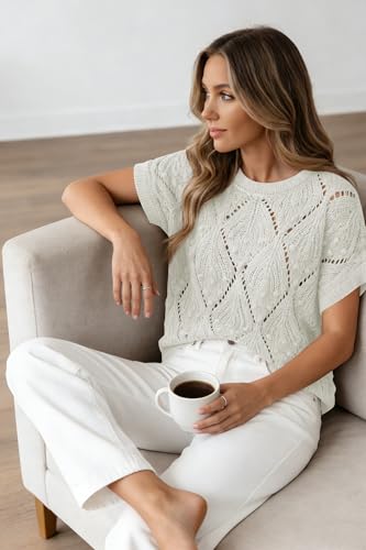 Image of Cakulo Womens Summer Crochet Boho Crop Tops Short Sleeve Lightweight Knit Sweater 2026 Beach Vacation Cruise Resort Wear