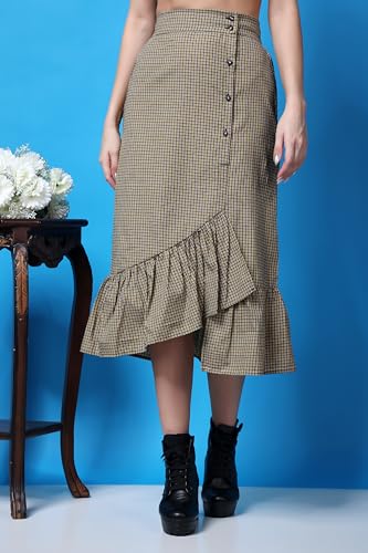 Image of POPWINGS Casual Check Print Long Flare Skirt for Women | Cotton Skirt for Women Skirt for Women