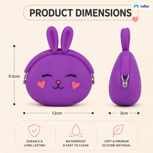 Image of FunBlast Cute Bunny Shape Silicone Coin Purse for Kids & Adults - Mini Pouch for Coins, Earphones, Keys & Small Essentials, Aesthetic Pouches for Girls & Women - 12 X 9.5 X 3 Cm (Bunny-Purple)