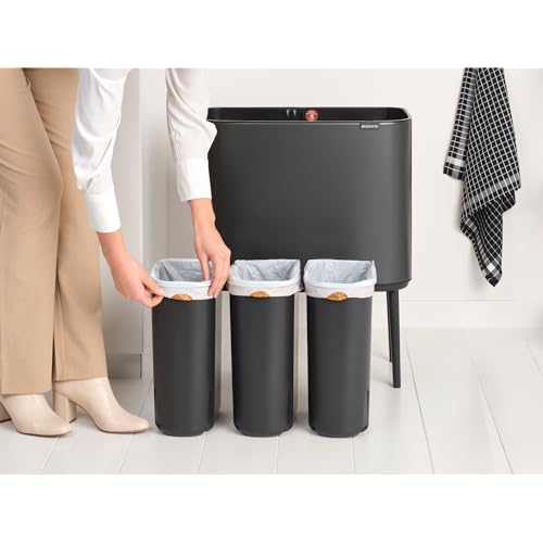 Image of Brabantia Bo Touch Top Kitchen Trash Can with Three Compartments & Raised Legs | Confident Gray | 3 x 3 Gal Inner Buckets | Soft-Close Garbage Can, Stay-Open Lid | Fits Against Wall | + Trash Bags