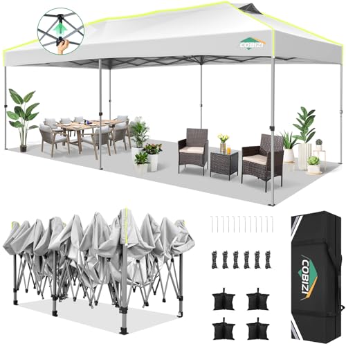Image of COBIZI 10x20 Pop Up Canopy Tent Without Removable Sidewalls, One Push Party Tent Outdoor Waterproof Event Canopy with Air Vent for Parties Commercial Wedding, 3 Height, Carry Bag, Sandbag, White