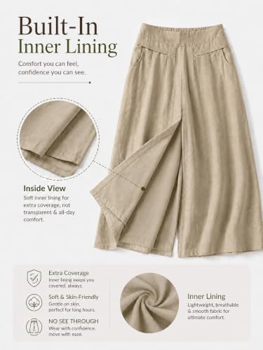 Image of Women's Relaxed Fit Pure Cotton Linen Flared Palazzo Pants for Woman | Wide Leg Casual Trousers with Pockets | Plazo Pants for Women | High Waisted Office & Travel Wear (Available in Plus Sizes)