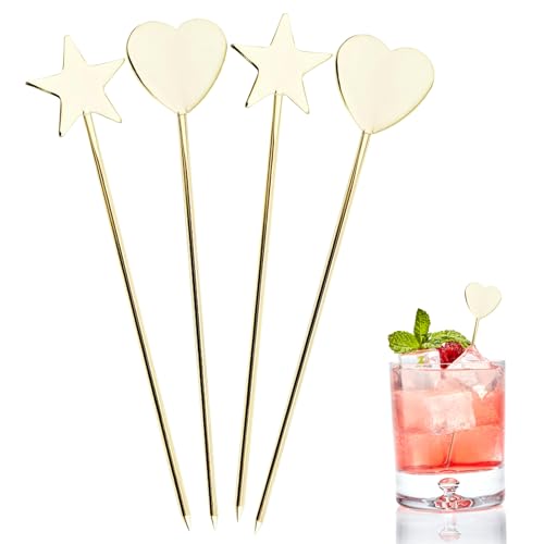 4 Stück Cocktailspieße 12 cm Goldene Cocktail Zubehör Spieße Fingerfood Metallspieße Rostfreier Stahl Obstspieße für Grillen, Vorspeisen, Cocktails, Charcuterie & Burger Garnierung (B)