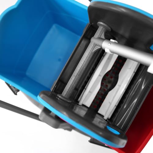 Hypafol Putzwagen Reinigungswagen Set | 2 x 25 l Eimer mit Wischmopp-Presse und Kehrgarnitur | inkl. 2X 50cm Baumwoll Wischmopp, 1x Mikrofaser-Mopp | je 4 Mikrofasertücher in rot, gelb, grün, blau – Bild 5