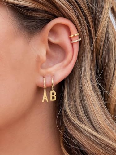 14K Gold Plated Initial Earrings, Dainty Gold Earrings Dangle Hoop Letter Earrings Cute Earrings for Women2