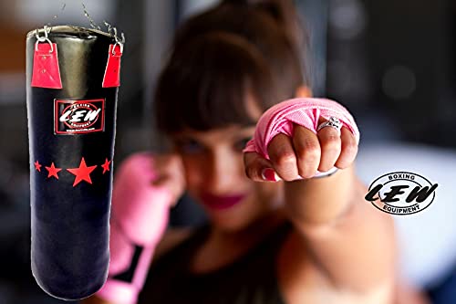Image of LEW 3FT Filled Heavy Punch Bag with Gloves & Hand Wraps | Haptex Leather Boxing & Kickboxing Set for MMA, Muay Thai, and Fitness Training with Hanging Chain (Black /Red)